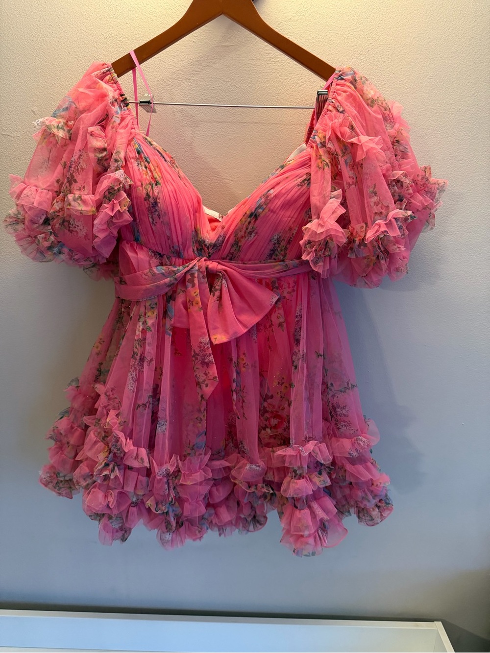 Pink Floral Tulle Ruffle Mini Dress Puff Sleeve Glitter Mesh Babydoll Bow Accent